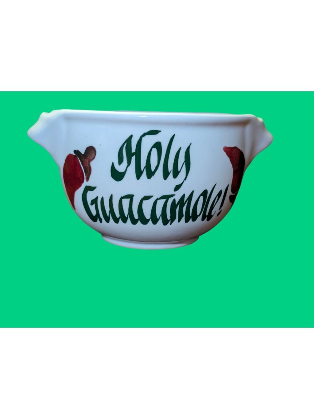 Holy Guacamole Ceramic Dip Bowl With Handles Chili Pepper Design White With Gree